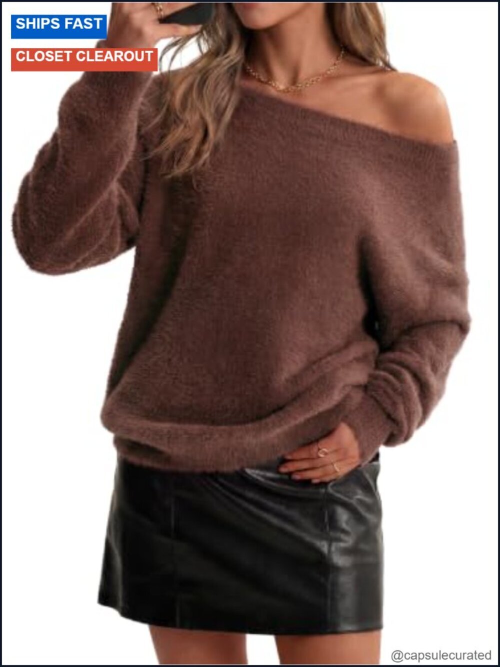Long Sleeve Faux Fur Off Shoulder Fuzzy Fall Sweater Pullover